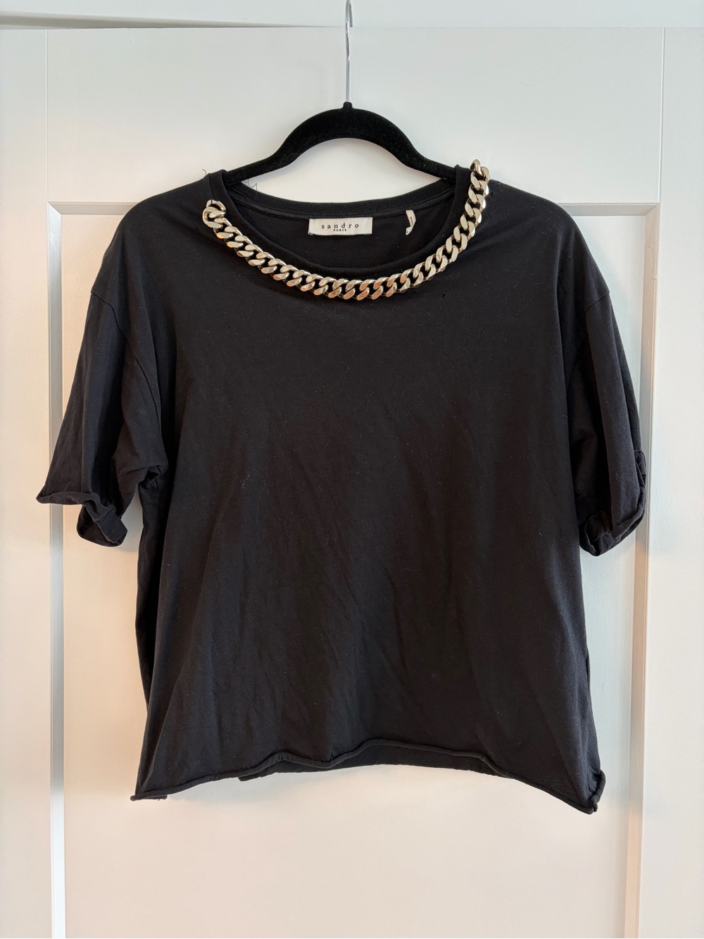 sandro Black Chain-Trim Short Sleeve Top